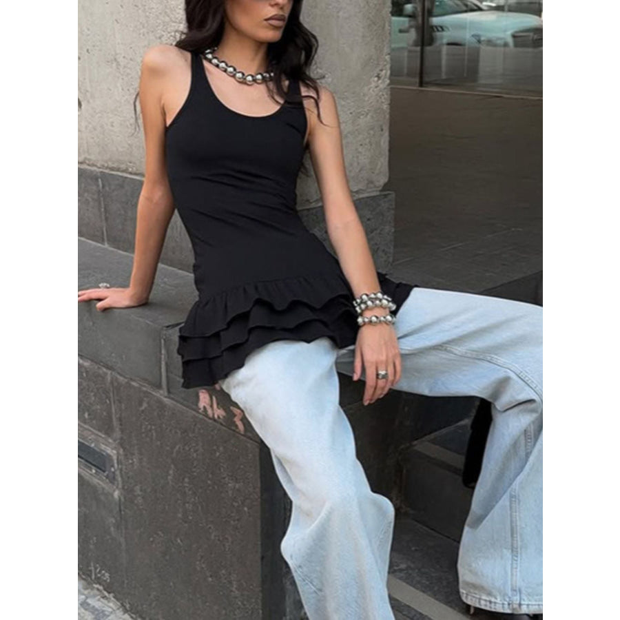 Ruffled Hem Round Neck Tank Apparel and Accessories