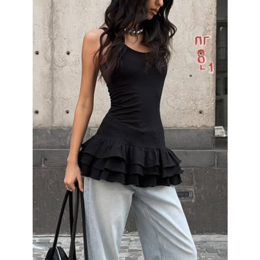 Ruffled Hem Round Neck Tank Apparel and Accessories