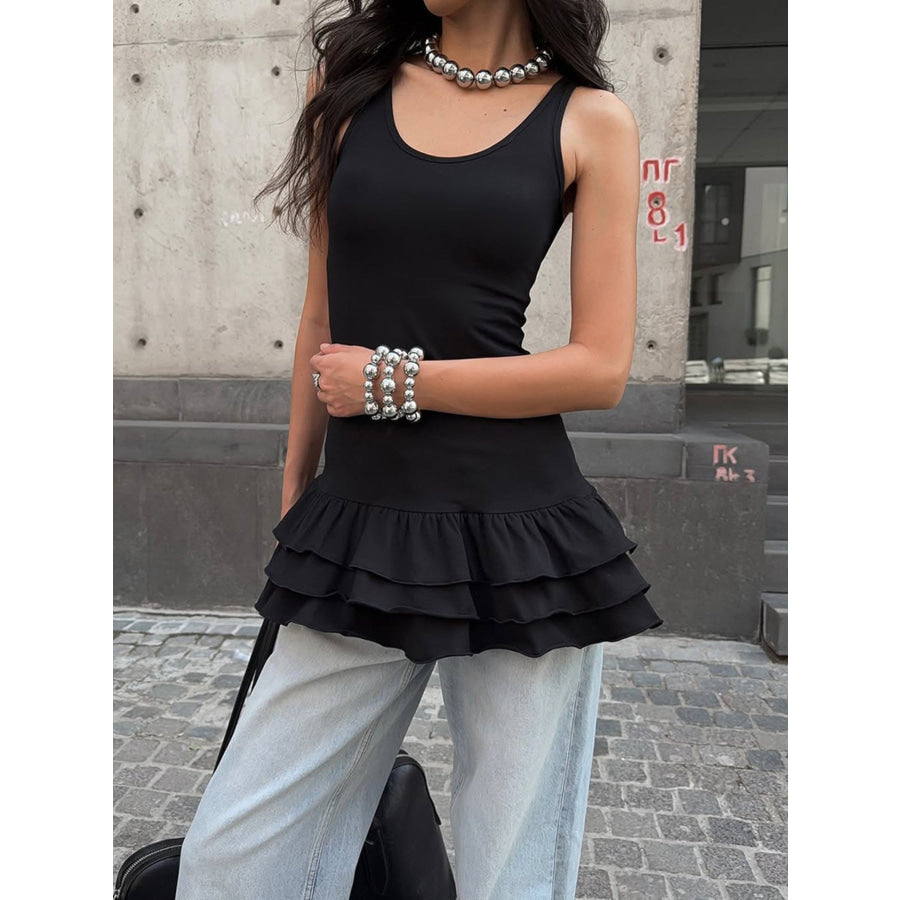 Ruffled Hem Round Neck Tank Black / S Apparel and Accessories