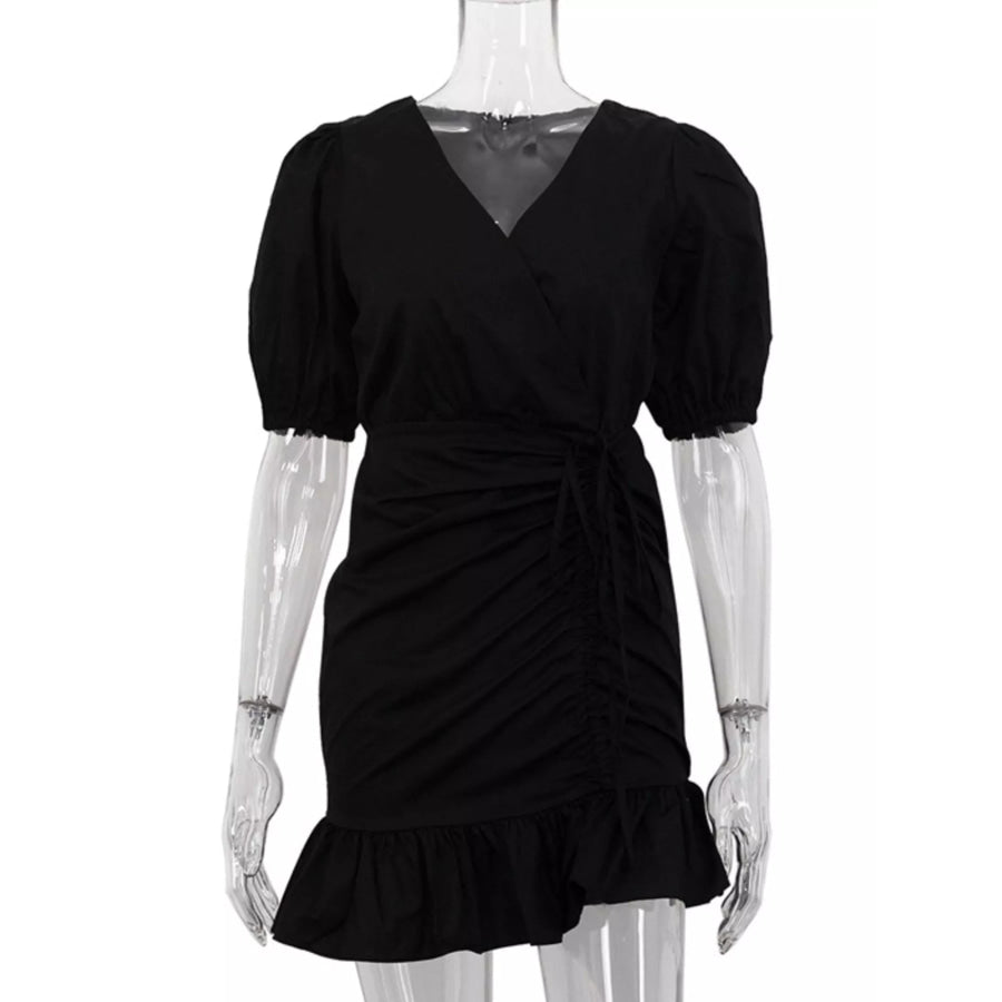 Ruffled Hem Ruched Puff Sleeve Mini Dress Apparel and Accessories