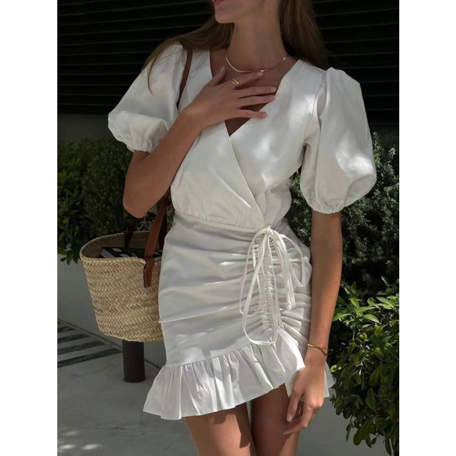 Ruffled Hem Ruched Puff Sleeve Mini Dress Apparel and Accessories