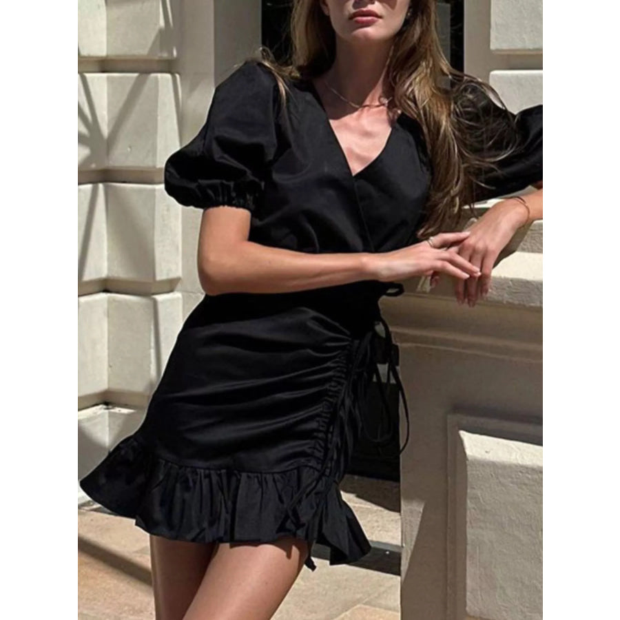 Ruffled Hem Ruched Puff Sleeve Mini Dress Apparel and Accessories