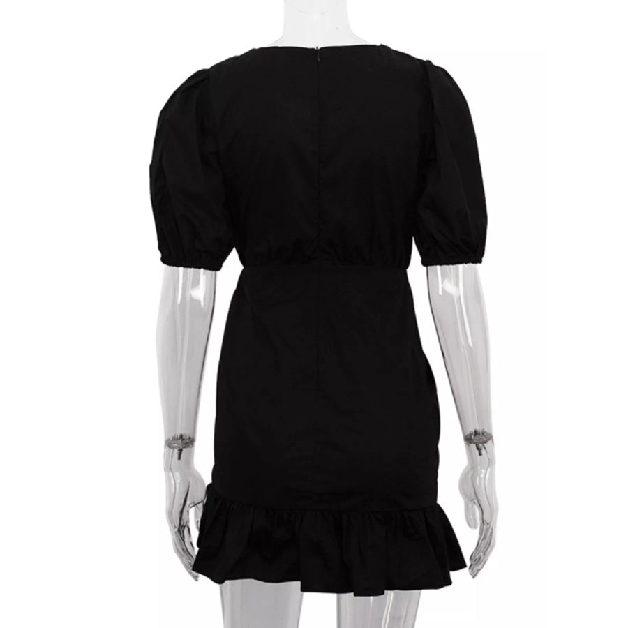 Ruffled Hem Ruched Puff Sleeve Mini Dress Apparel and Accessories