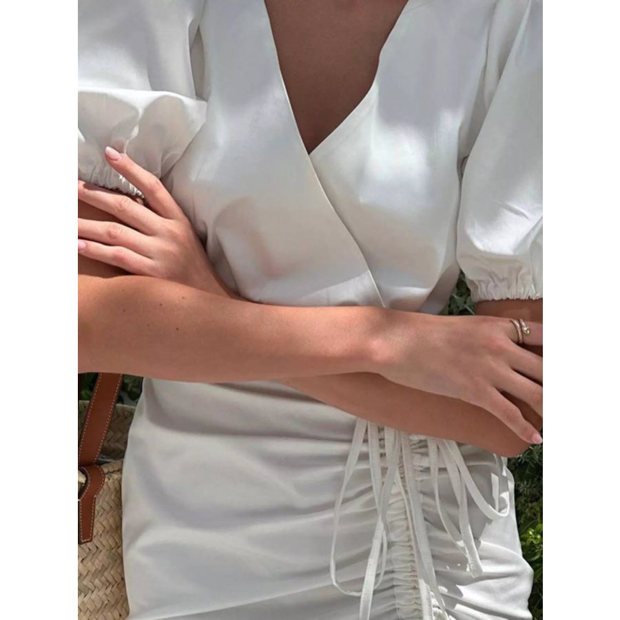 Ruffled Hem Ruched Puff Sleeve Mini Dress Apparel and Accessories