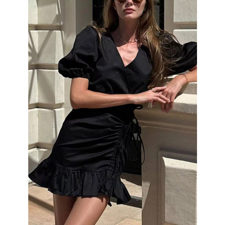 Ruffled Hem Ruched Puff Sleeve Mini Dress Apparel and Accessories