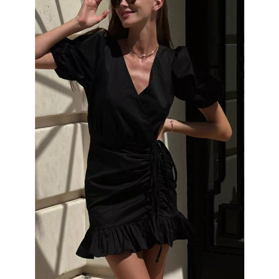 Ruffled Hem Ruched Puff Sleeve Mini Dress Apparel and Accessories