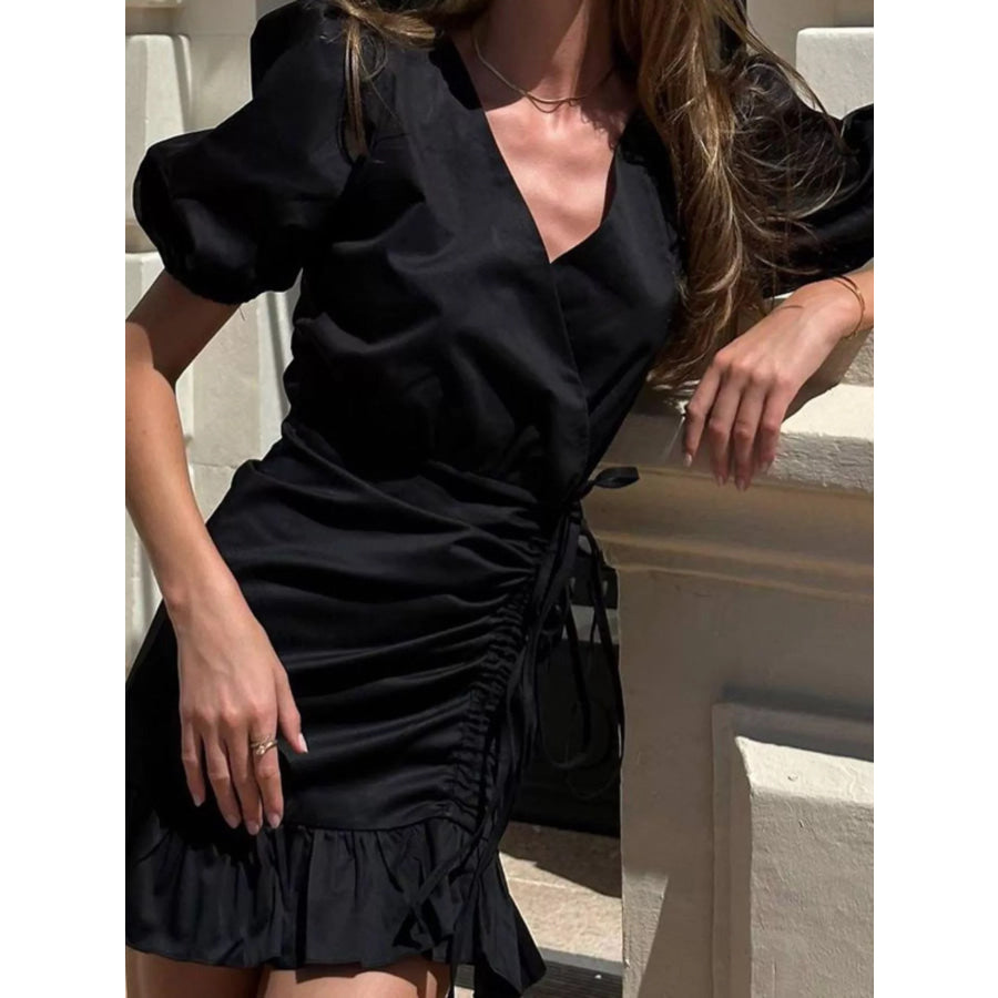 Ruffled Hem Ruched Puff Sleeve Mini Dress Black / S Apparel and Accessories