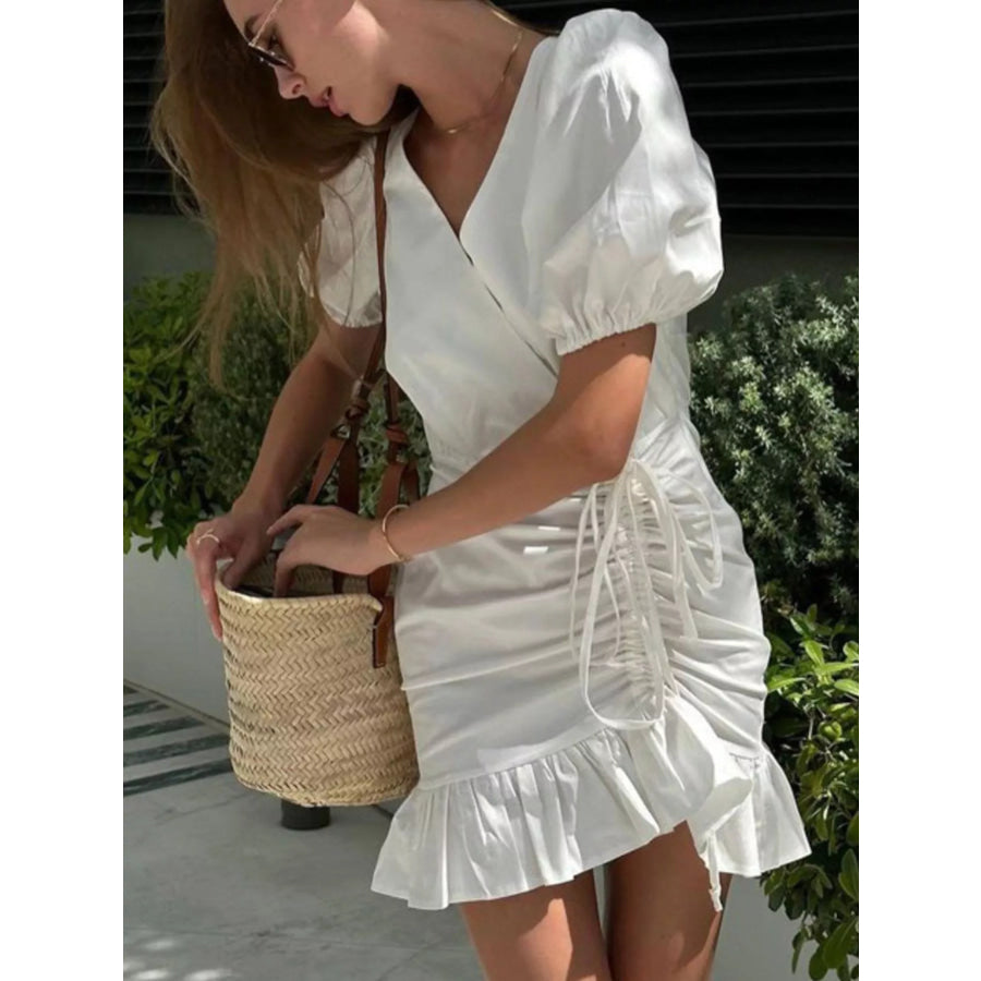 Ruffled Hem Ruched Puff Sleeve Mini Dress White / S Apparel and Accessories