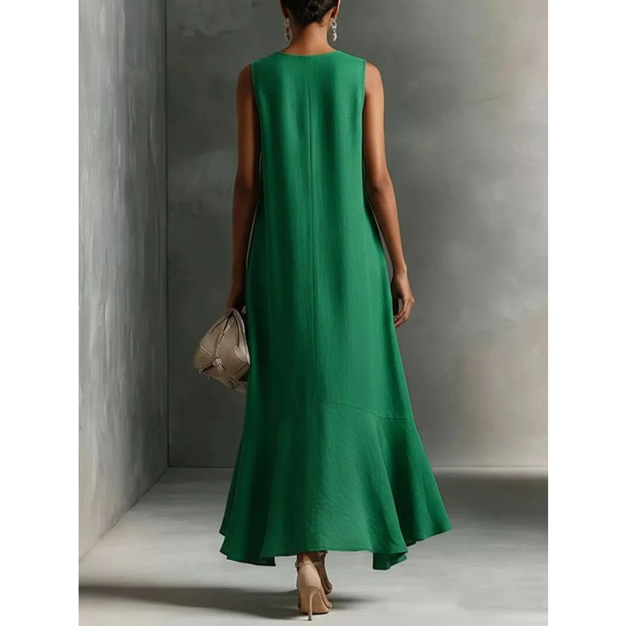 Ruffled Hem Sleeveless Notched Dress Apparel and Accessories