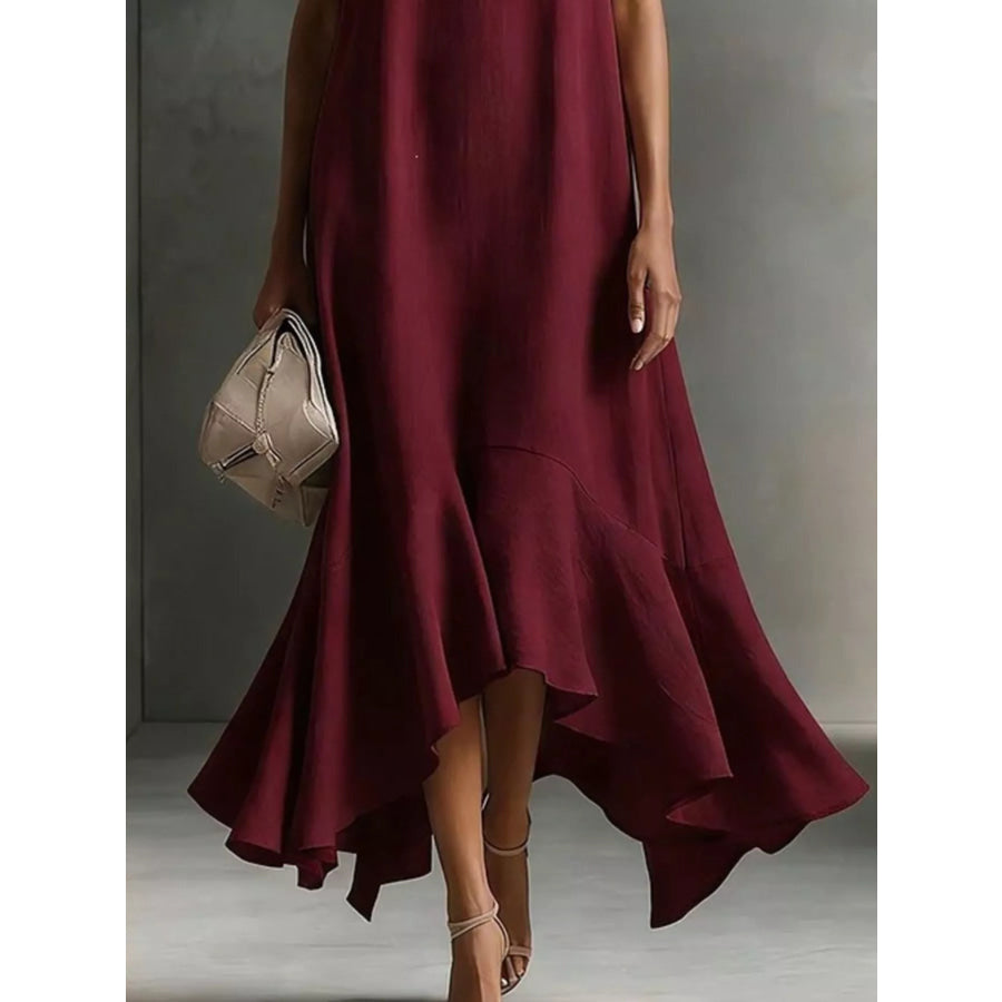 Ruffled Hem Sleeveless Notched Dress Apparel and Accessories