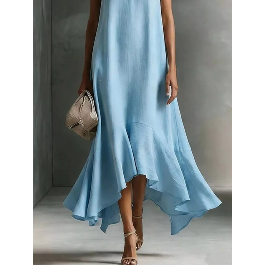 Ruffled Hem Sleeveless Notched Dress Apparel and Accessories