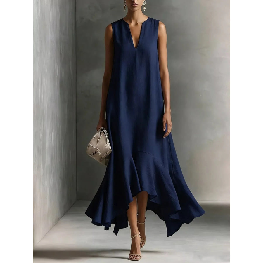 Ruffled Hem Sleeveless Notched Dress Dark Blue / S Apparel and Accessories
