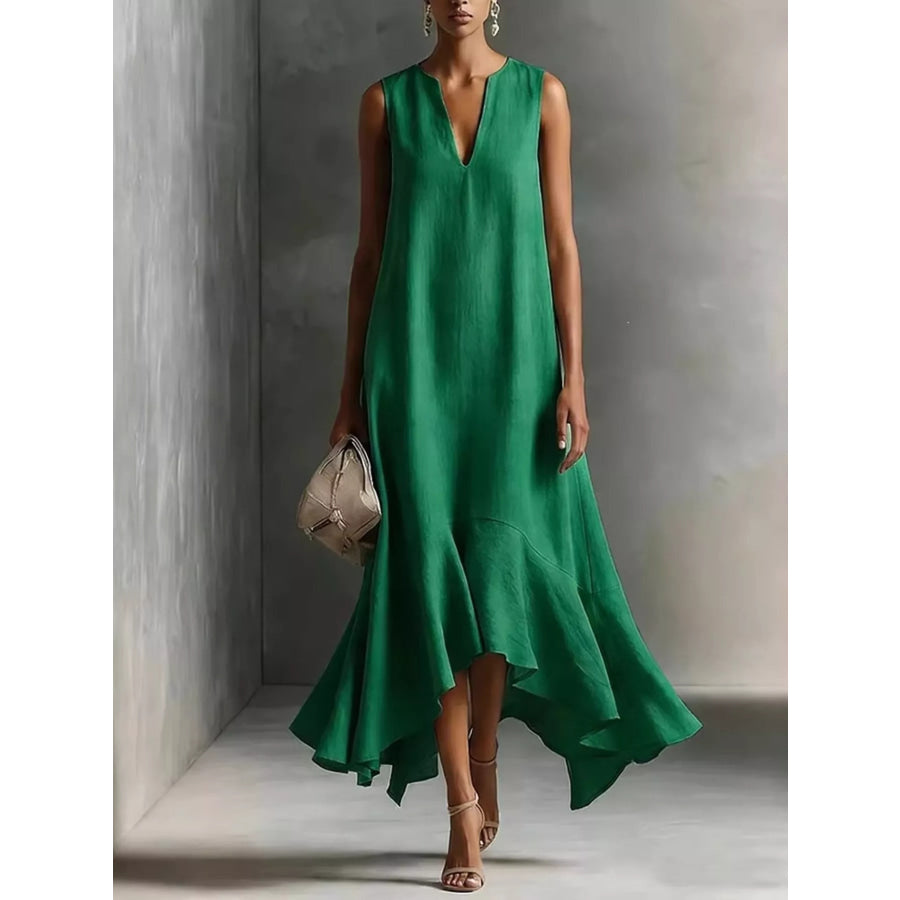Ruffled Hem Sleeveless Notched Dress Green / S Apparel and Accessories