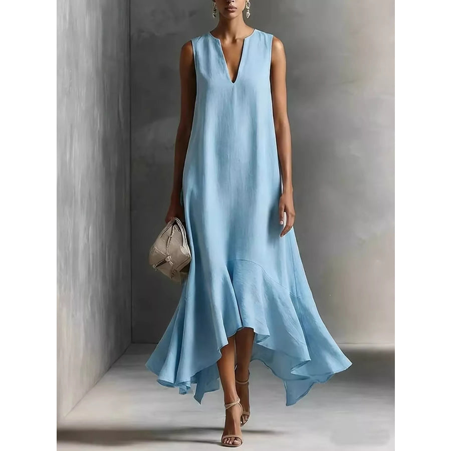 Ruffled Hem Sleeveless Notched Dress Sky Blue / S Apparel and Accessories