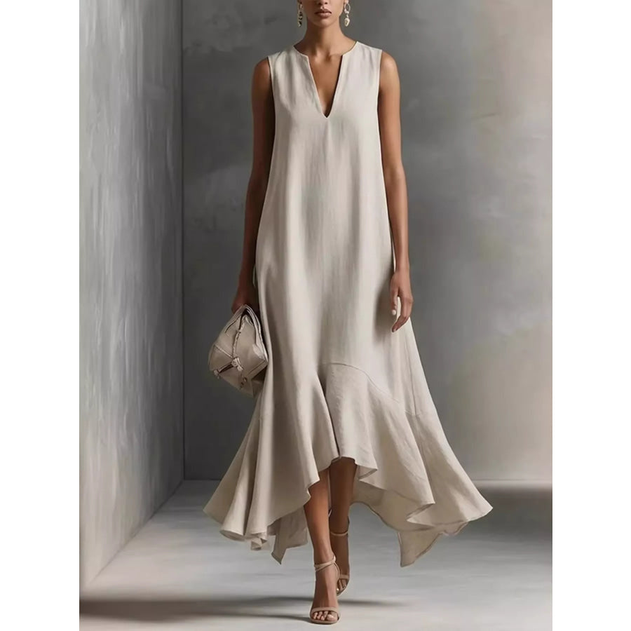 Ruffled Hem Sleeveless Notched Dress White / S Apparel and Accessories