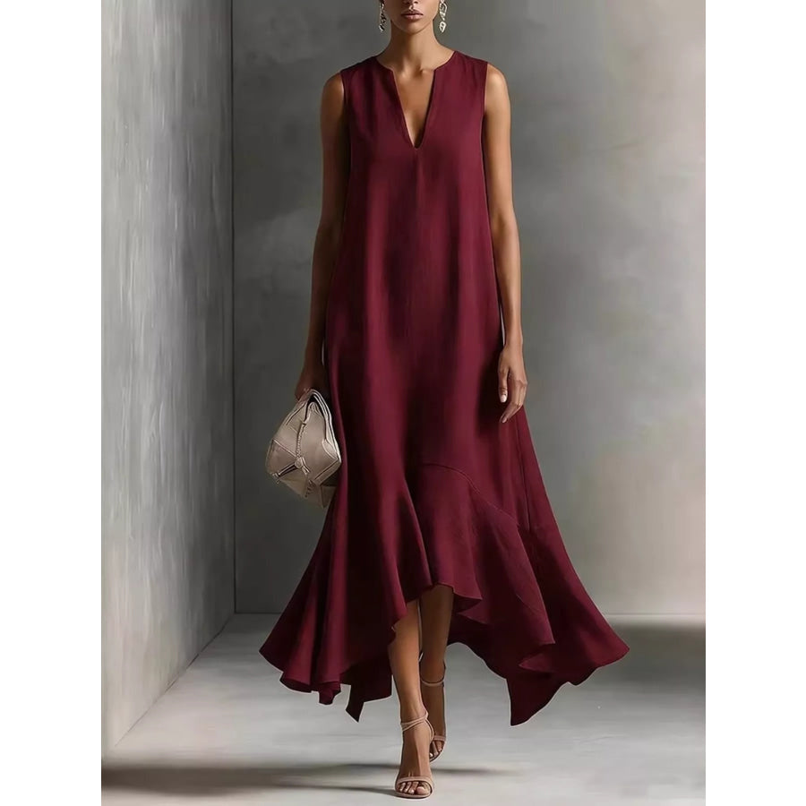 Ruffled Hem Sleeveless Notched Dress Wine Red / S Apparel and Accessories