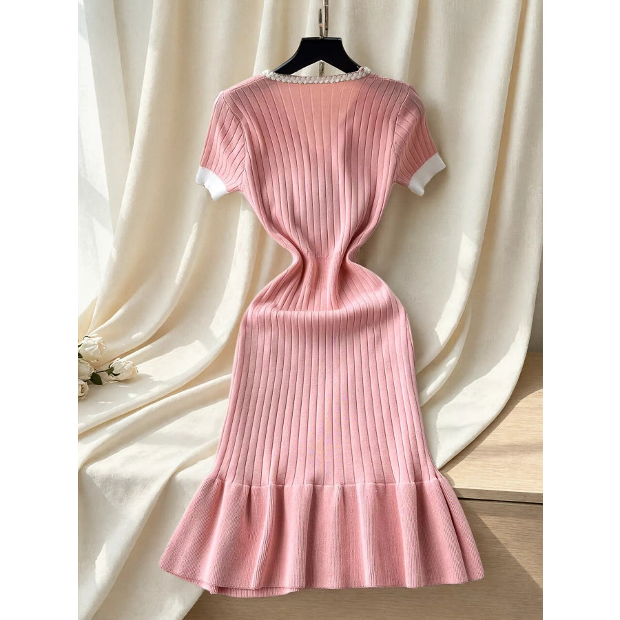 Ruffled Hem V-Neck Ribbed Knit Dress Apparel and Accessories