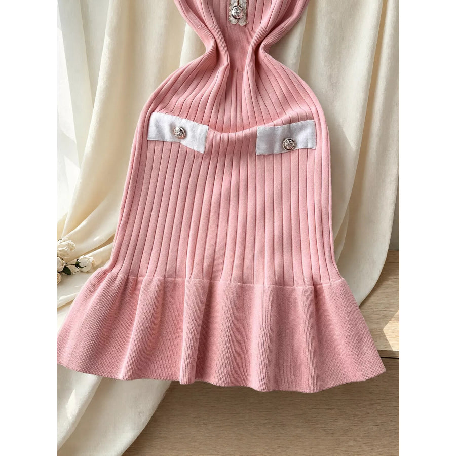 Ruffled Hem V-Neck Ribbed Knit Dress Apparel and Accessories
