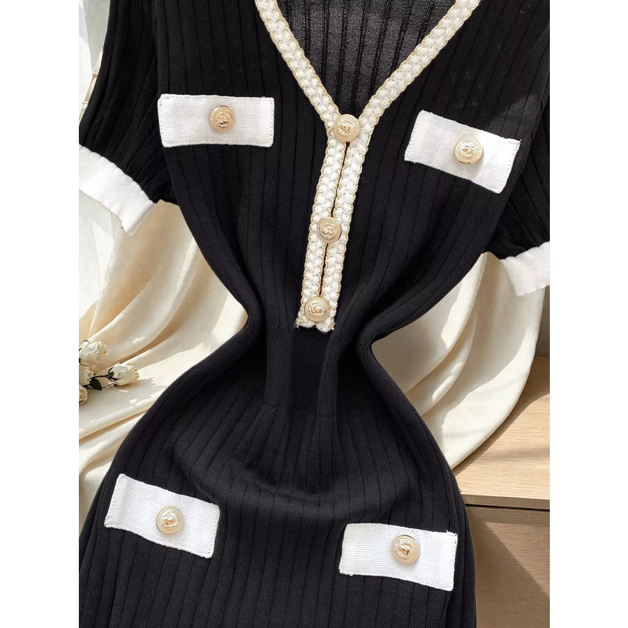 Ruffled Hem V-Neck Ribbed Knit Dress Apparel and Accessories