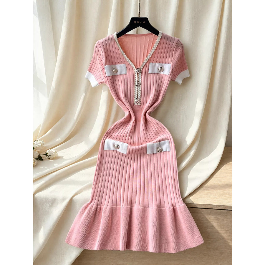 Ruffled Hem V-Neck Ribbed Knit Dress Pink / One Size Apparel and Accessories