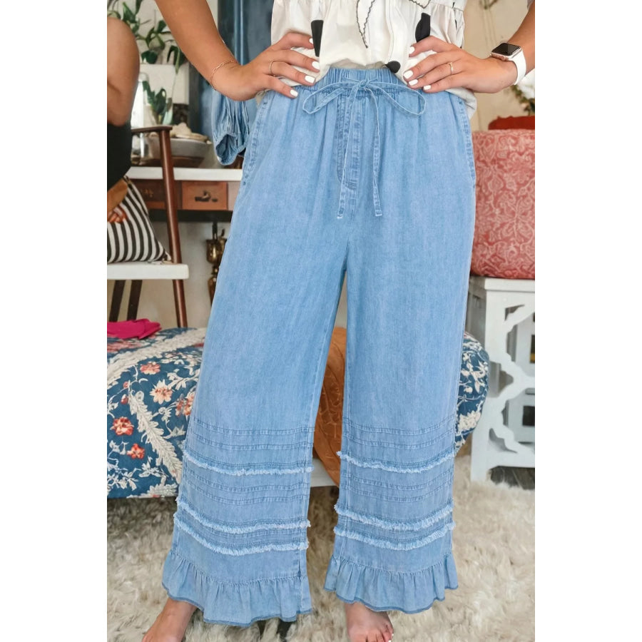 Ruffled Hem Wide Leg Chambray Jeans Apparel and Accessories