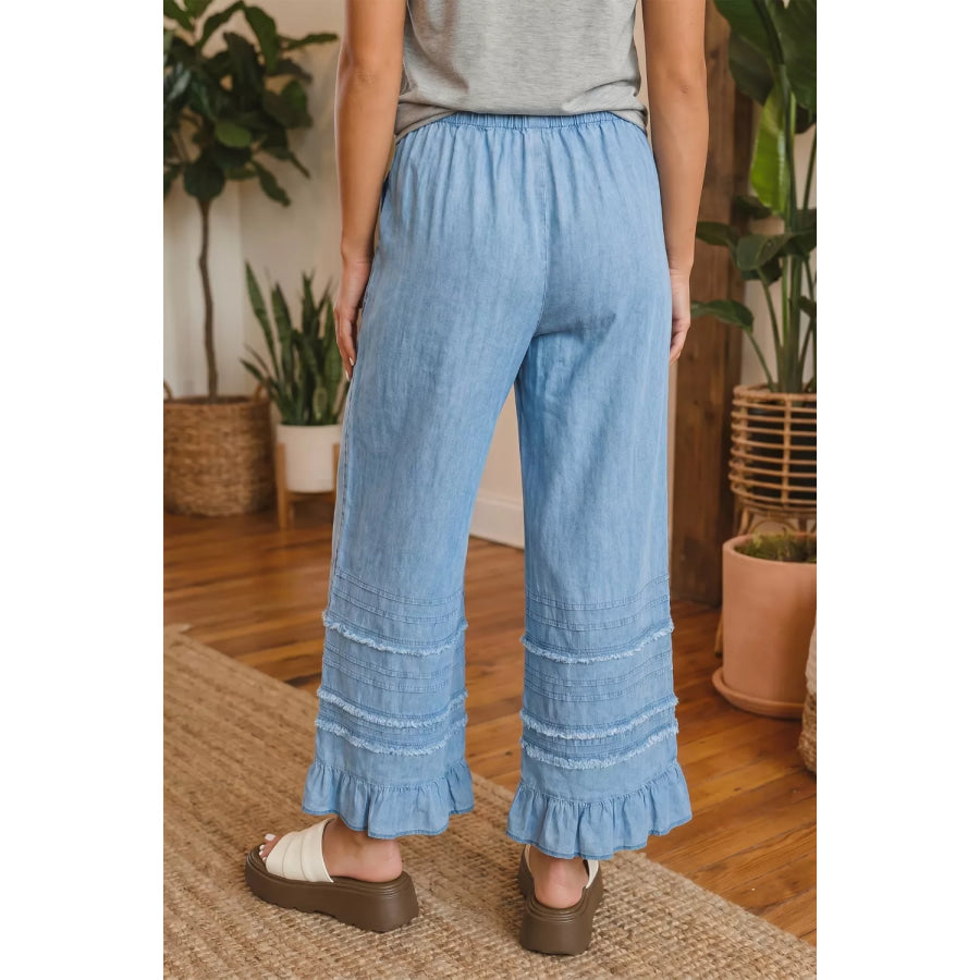 Ruffled Hem Wide Leg Chambray Jeans Apparel and Accessories