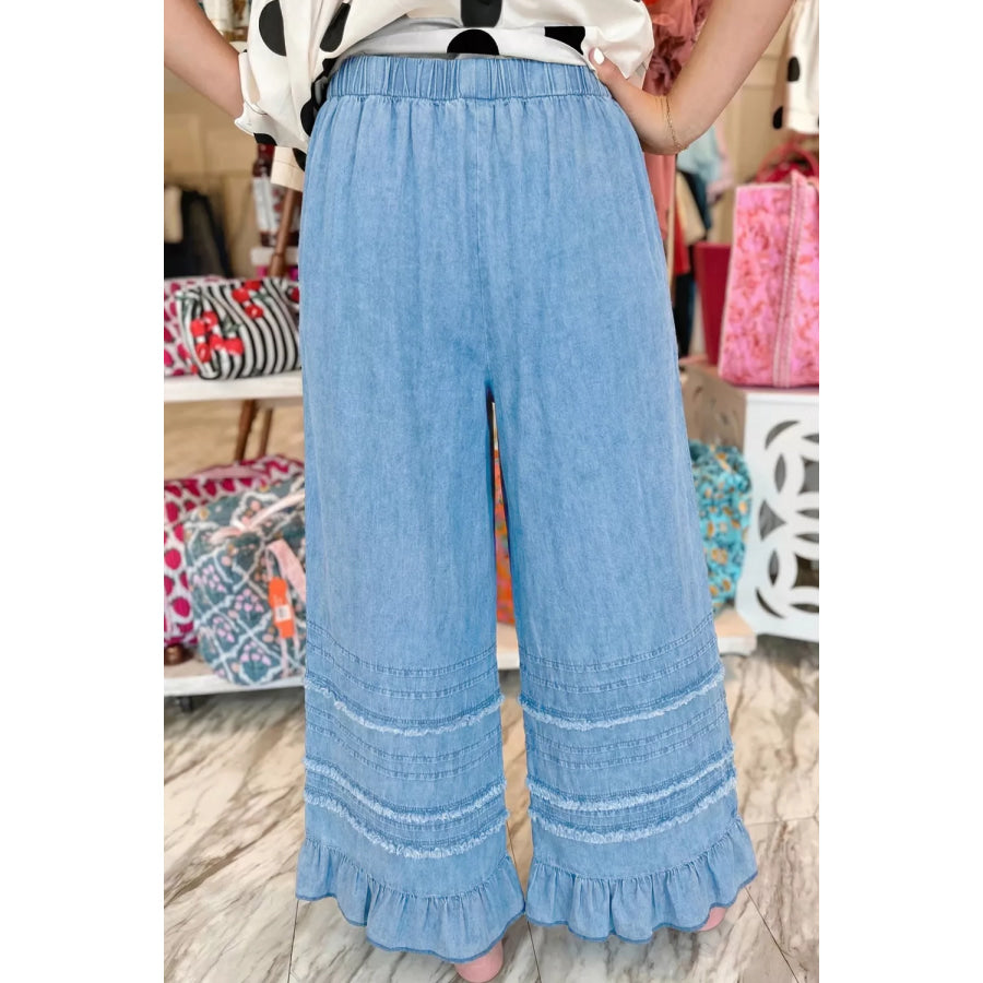 Ruffled Hem Wide Leg Chambray Jeans Apparel and Accessories