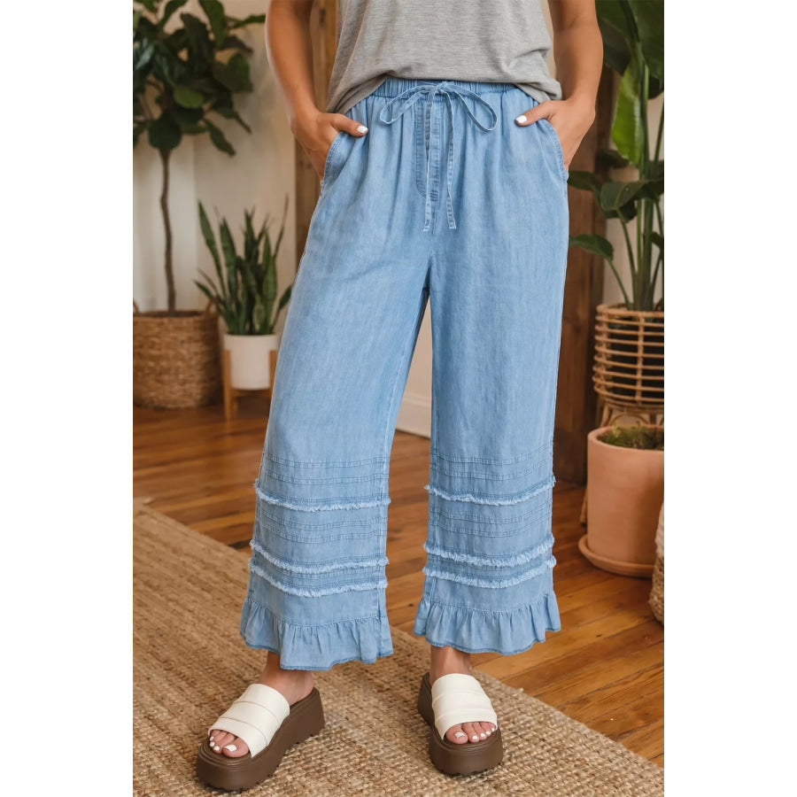 Ruffled Hem Wide Leg Chambray Jeans Light Blue / 4 Apparel and Accessories