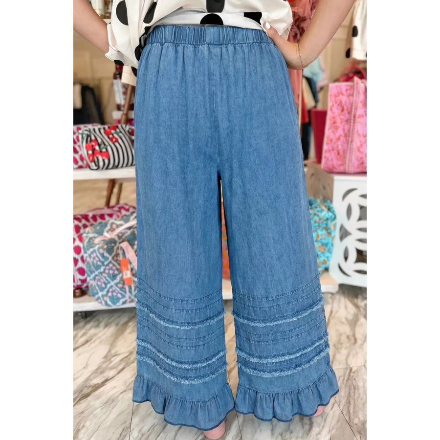 Ruffled Hem Wide Leg Chambray Pants Apparel and Accessories
