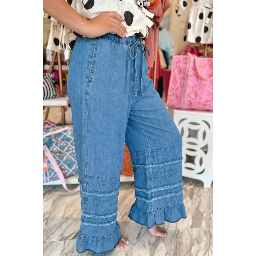 Ruffled Hem Wide Leg Chambray Pants Apparel and Accessories