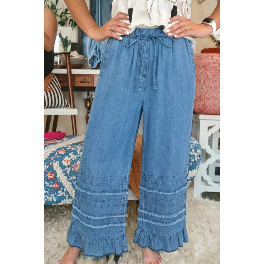 Ruffled Hem Wide Leg Chambray Pants Dusty Blue / 4 Apparel and Accessories