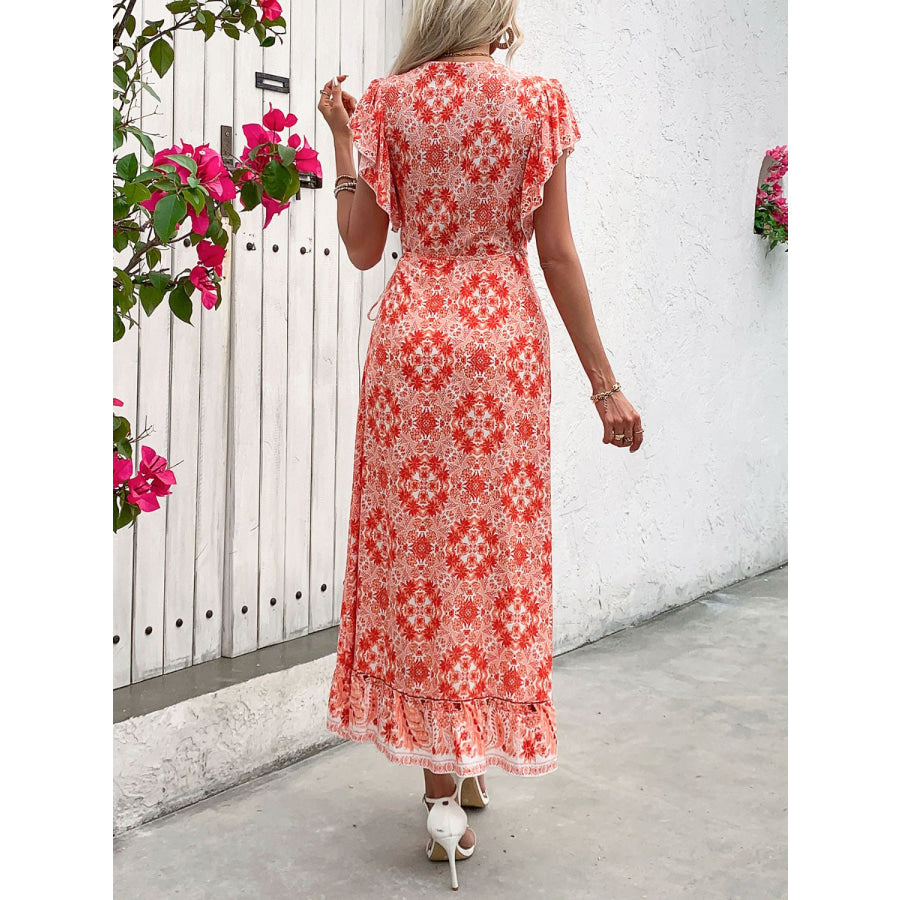 Ruffled High-Low Printed Short Sleeve Midi Dress Coral / S Apparel and Accessories