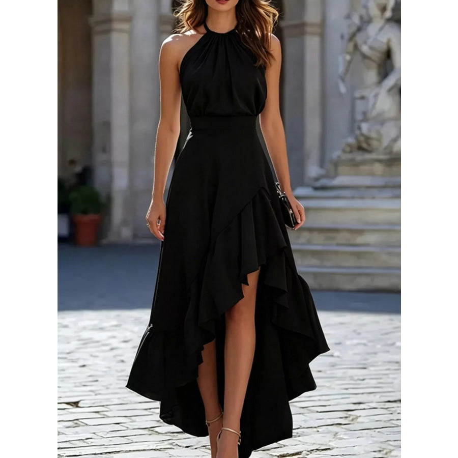 Ruffled High-Low Sleeveless Maxi Dress Black / S Apparel and Accessories