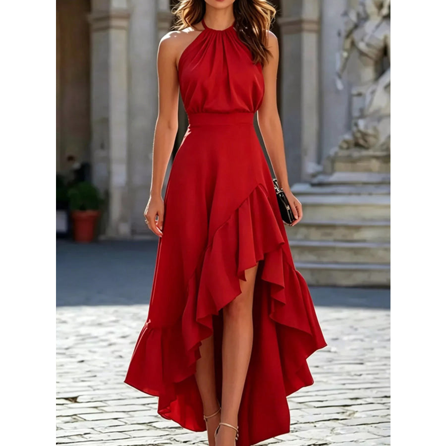 Ruffled High-Low Sleeveless Maxi Dress Red / S Apparel and Accessories