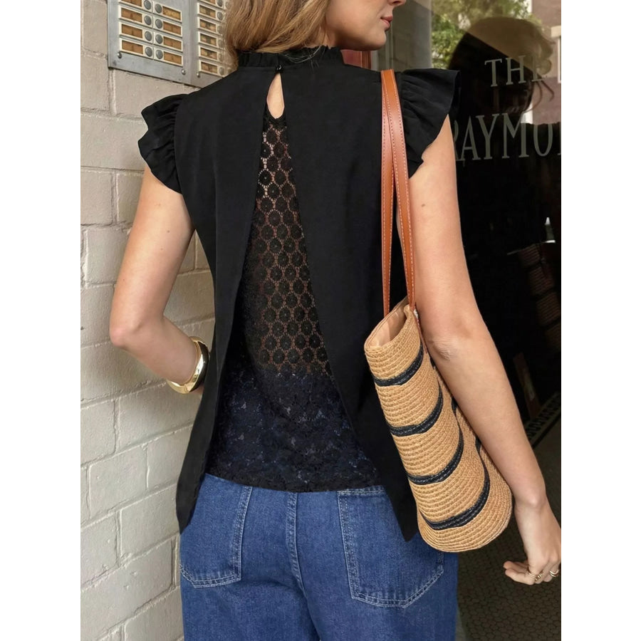 Ruffled Lace Detail Back Top Black / S Apparel and Accessories