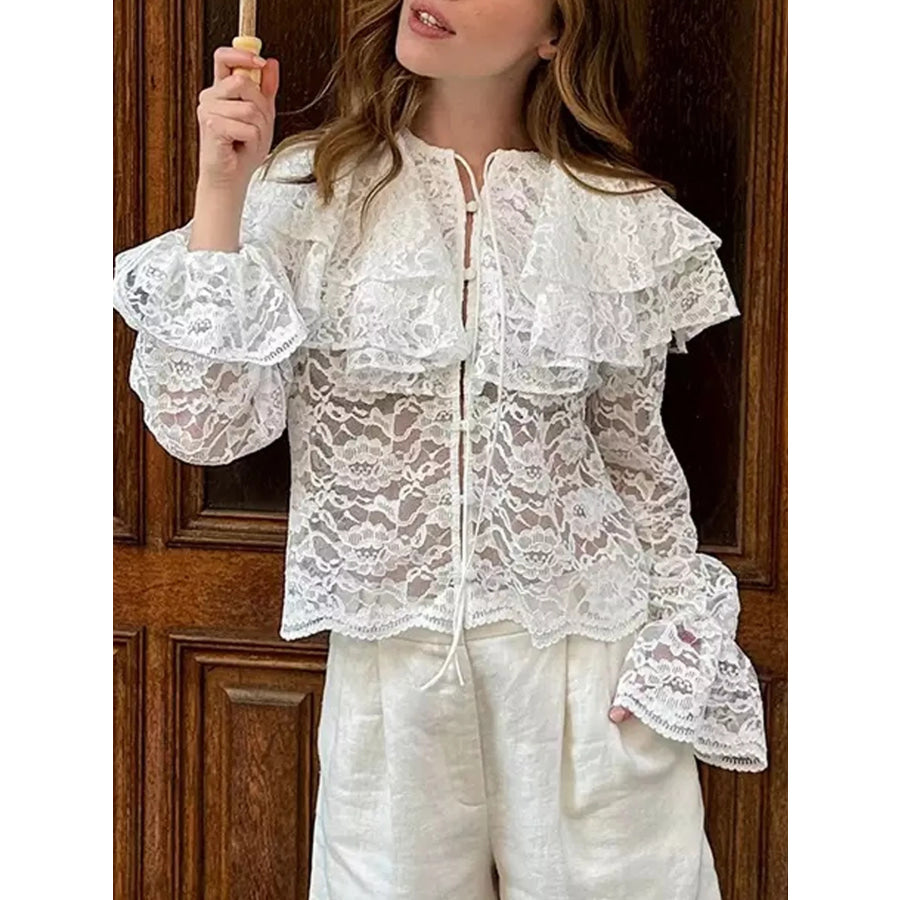 Ruffled Lace Flounce Sleeve Blouse Apparel and Accessories