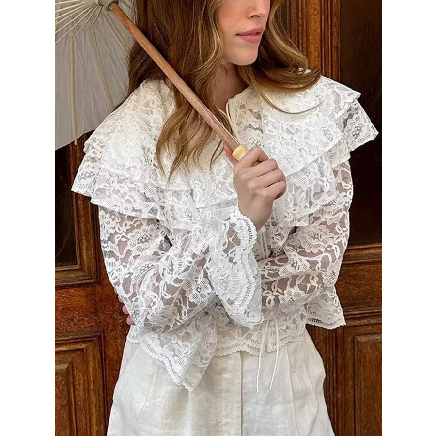 Ruffled Lace Flounce Sleeve Blouse Apparel and Accessories