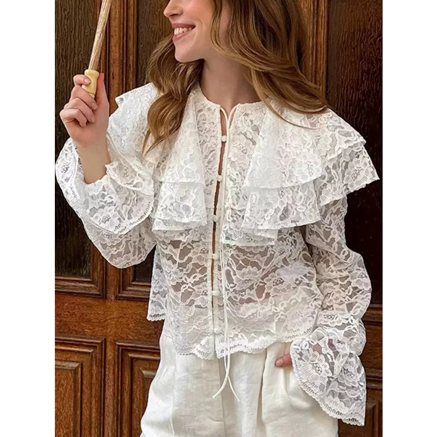 Ruffled Lace Flounce Sleeve Blouse White / S Apparel and Accessories