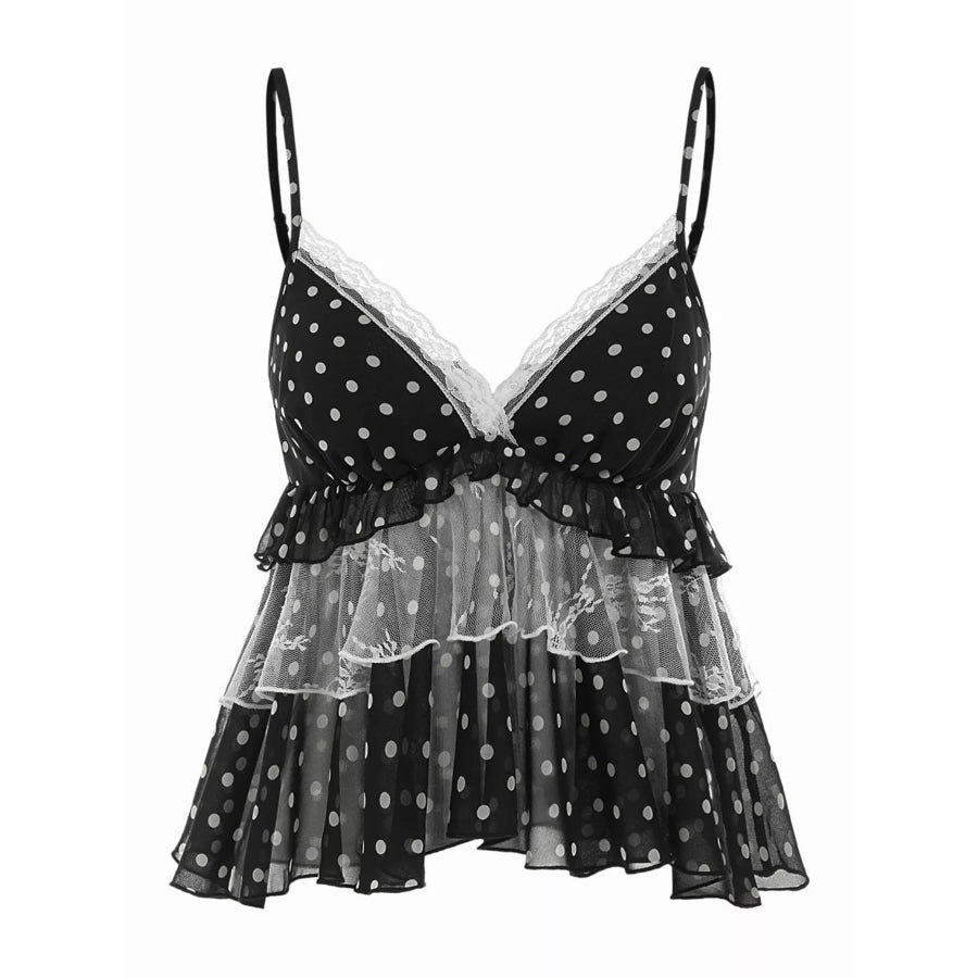 Ruffled Lace Trim Cami Black-Polka Dot / XS Apparel and Accessories