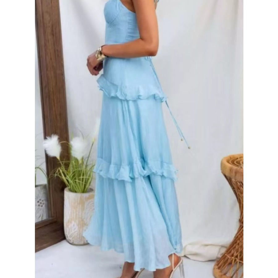 Ruffled Lace Up Back Maxi Dress Apparel and Accessories