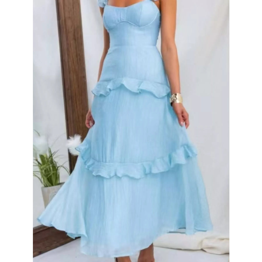 Ruffled Lace Up Back Maxi Dress Apparel and Accessories