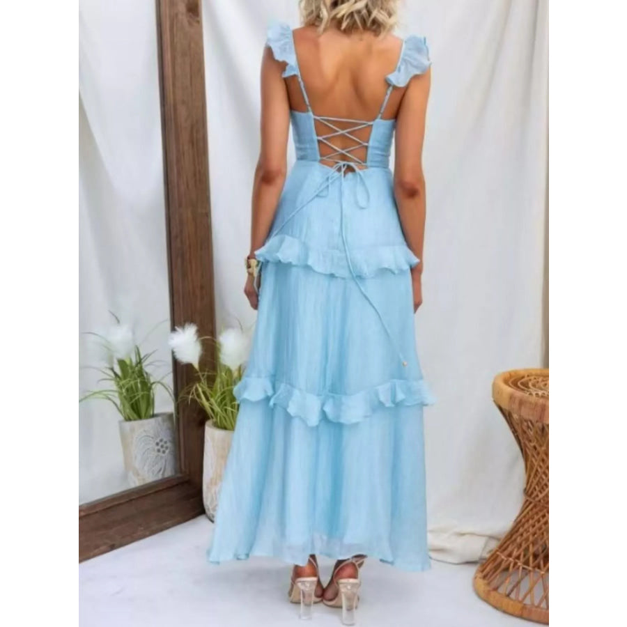 Ruffled Lace Up Back Maxi Dress Apparel and Accessories