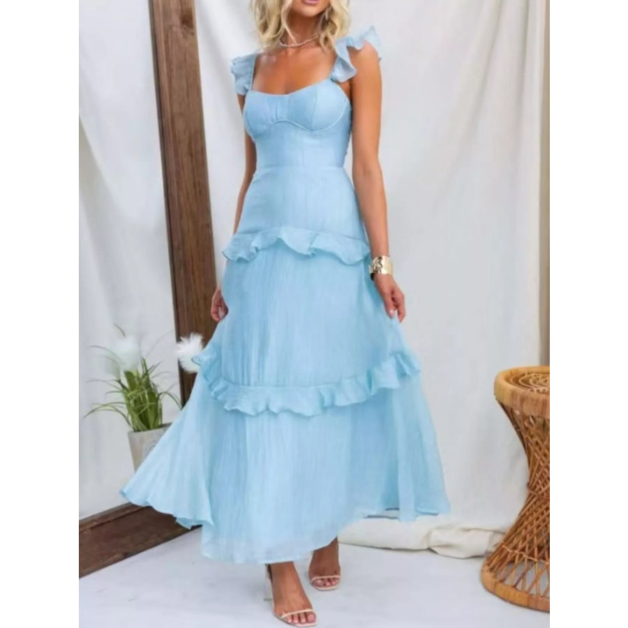 Ruffled Lace Up Back Maxi Dress Aqua / S Apparel and Accessories