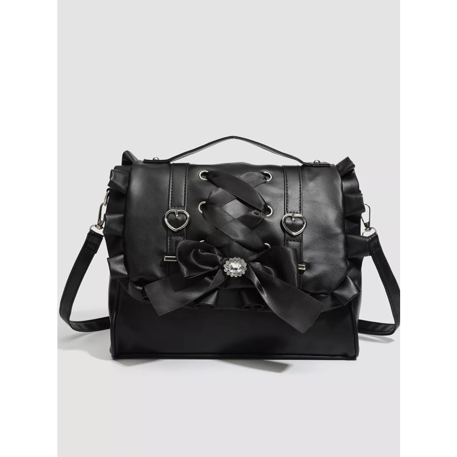 Ruffled Lace Up Bow Backpack Bag Black / One Size Apparel and Accessories