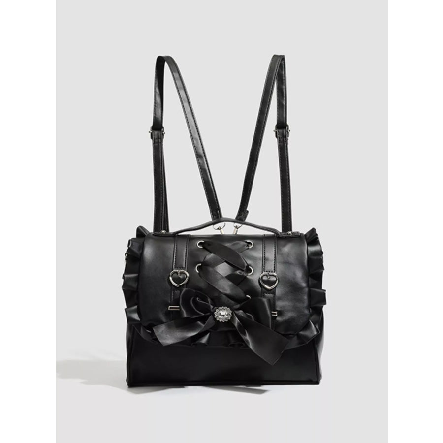 Ruffled Lace Up Bow Backpack Bag Black / One Size Apparel and Accessories