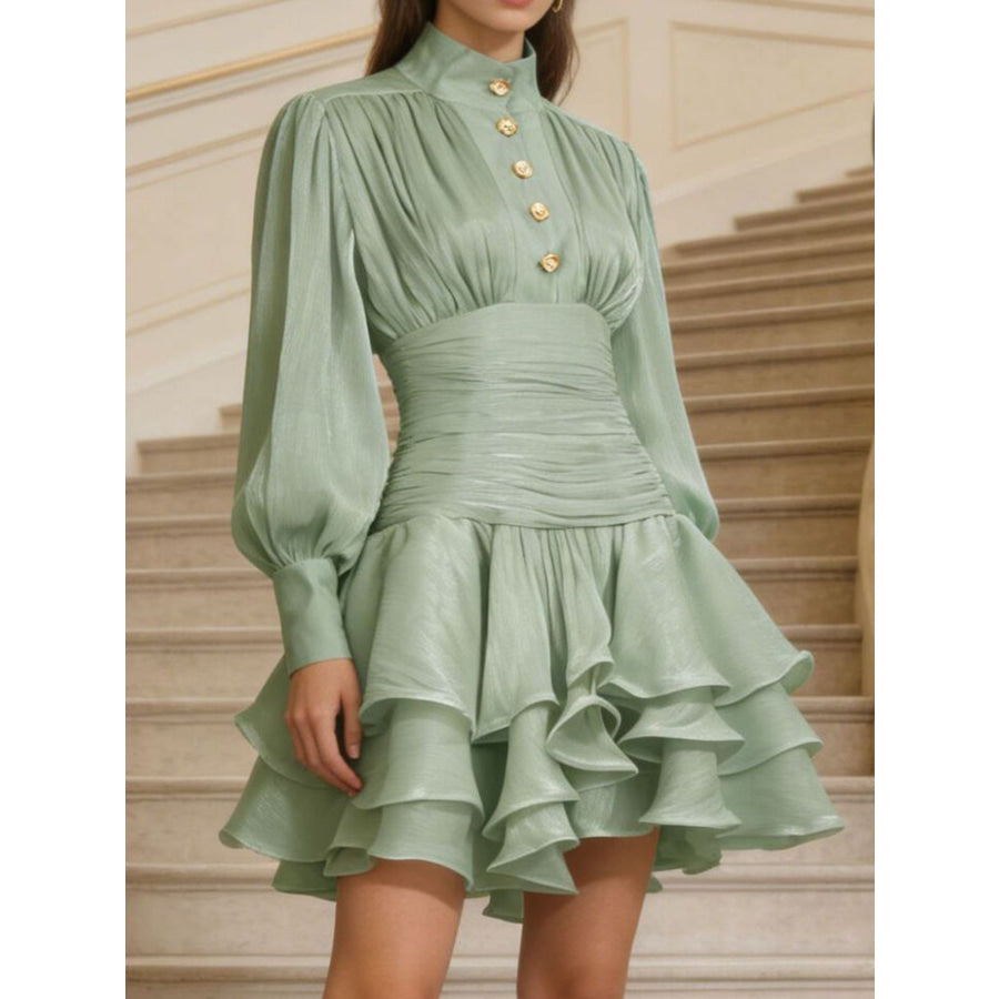 Ruffled Layered Lantern Sleeve Mini Dress Green / S Apparel and Accessories
