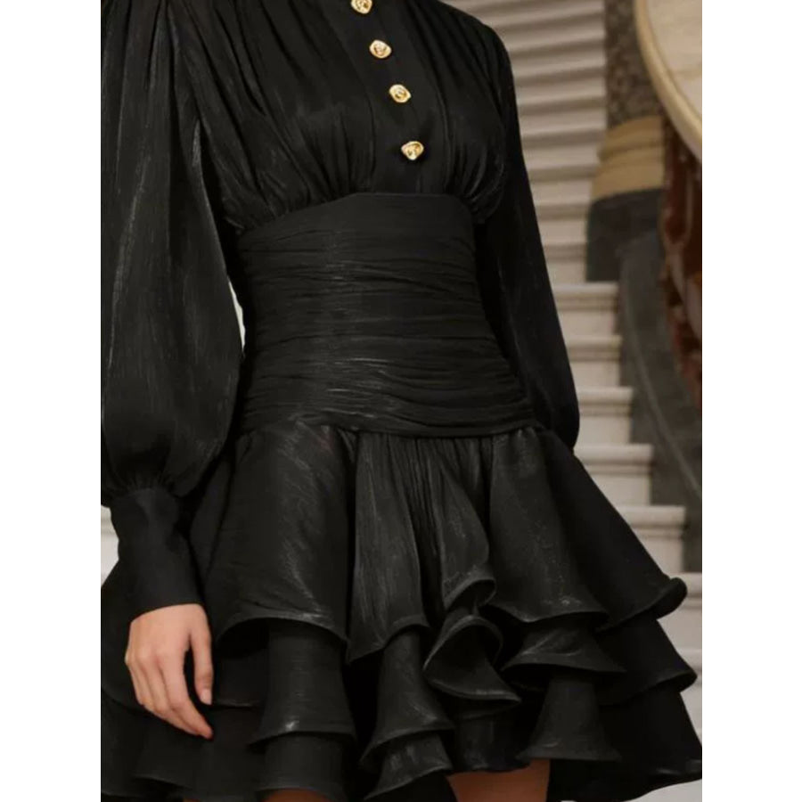 Ruffled Layered Lantern Sleeve Mini Dress Apparel and Accessories