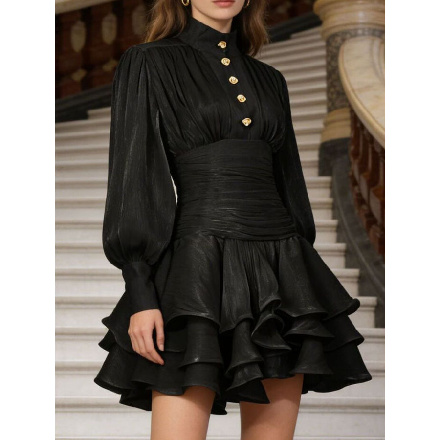 Ruffled Layered Lantern Sleeve Mini Dress Apparel and Accessories