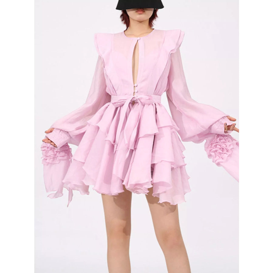 Ruffled Layered Long Sleeve Mini Dress Pink / S Apparel and Accessories