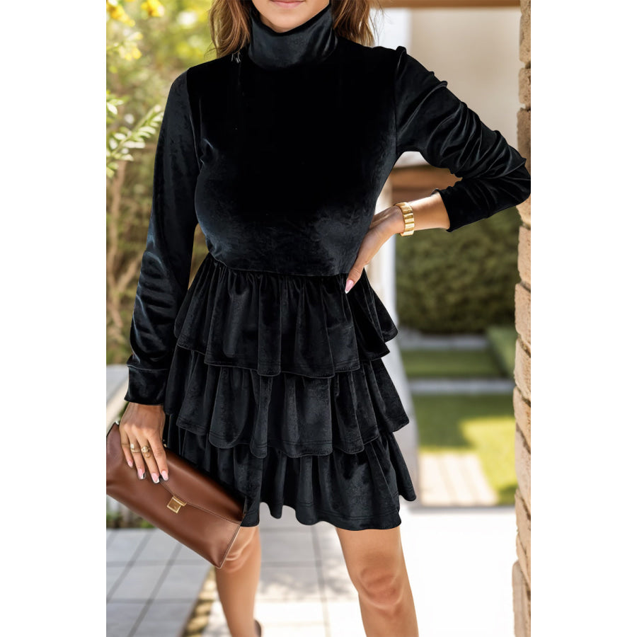 Ruffled Layered Long Sleeve Mini Dress Black / S Apparel and Accessories